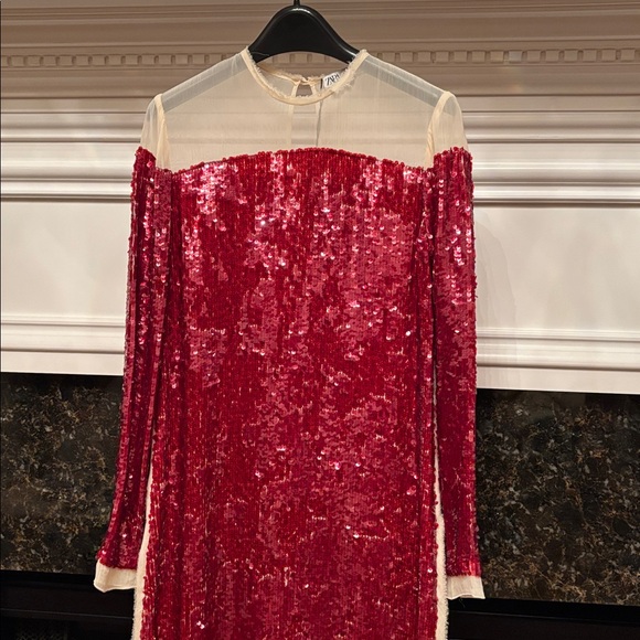 Zara sequin chiffon red midi dress sz.00 - Picture 14 of 17